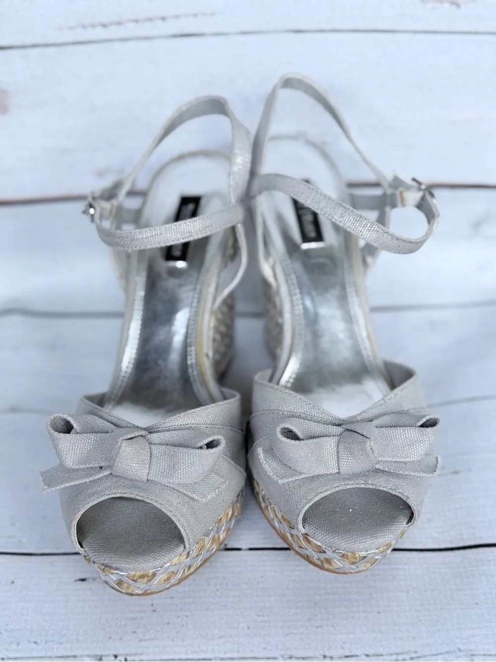 White House Black Market Sophie Silver Metallic Bow Platform Wedges - Size 10